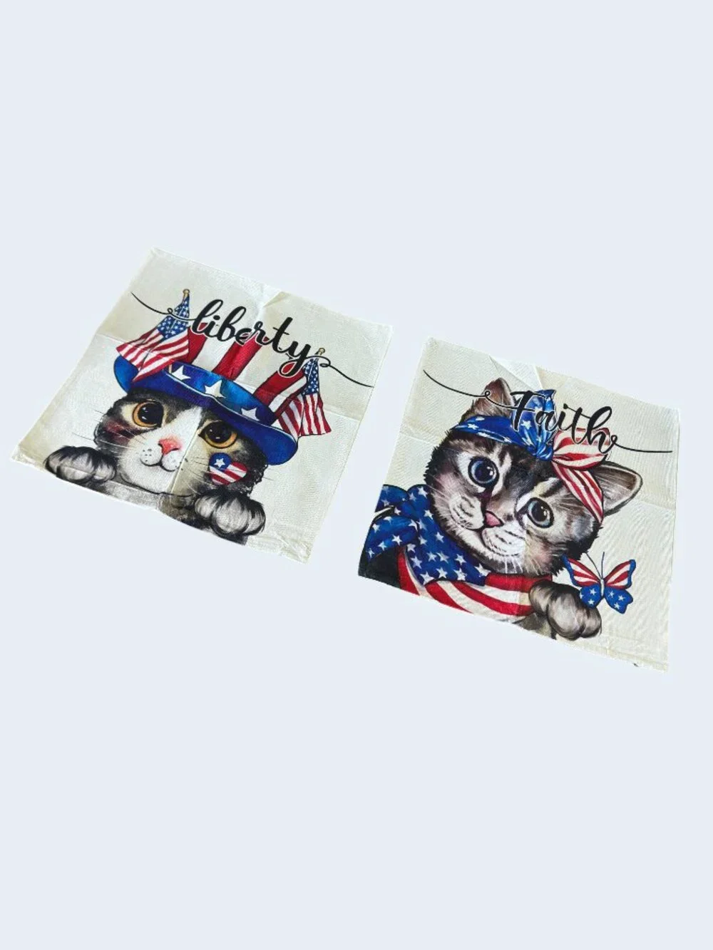 Patriotic Cat Pillow Covers x 2 Liberty & Faith Throw Cushion Covers 18x18